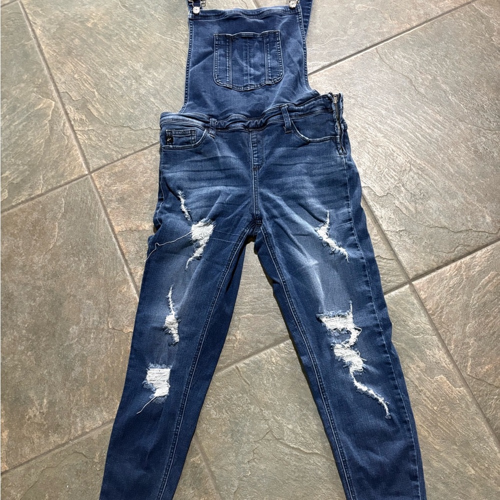 KanCan Women’s Juniors Distressed Denim Bib Overalls M
